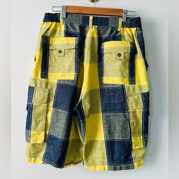 Yellow & Blue Patchwork Style Cargo Utility Shorts Size L - Picture 4 of 7